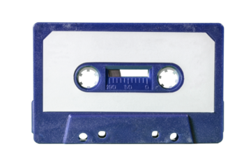 An old vintage cassette tape from the 1980s (obsolete music technology). Deep blue plastic body, white paper label. Isolated.
