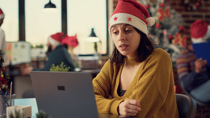 Festive woman talking on online videocall conference, attending teleconference meeting with webcam...