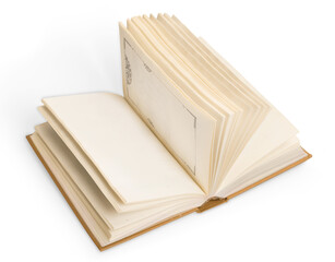 Open blank notebook on white background