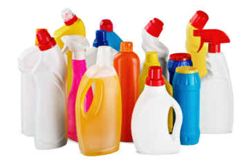 Plastic bottles and cleaning equipment on white background
