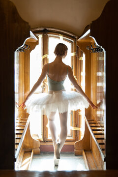 Slim flexible girl ballerina stands in ballet tutu in pose in pointe