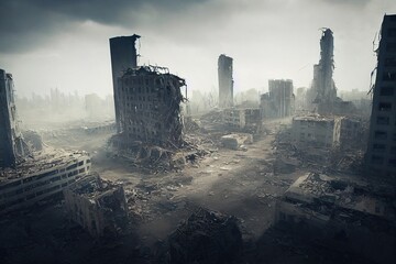 A post-apocalyptic ruined city. Destroyed buildings, destroyed roads, blown up skyscrapers. The concept of the apocalypse. 3d rendering