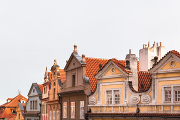 Heritage Building Roofscape Sky Background / Row of house facade gables in old town Prague (copy space) - 537917391