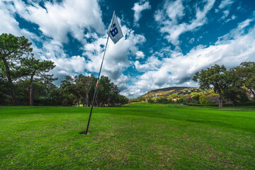 Golf flag on a putting green with blue sky and clouds