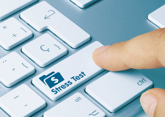 Stress Test Dollar - Inscription on Blue Keyboard Key.