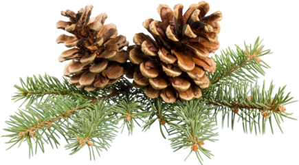 Two pine cones with branch on a white background.