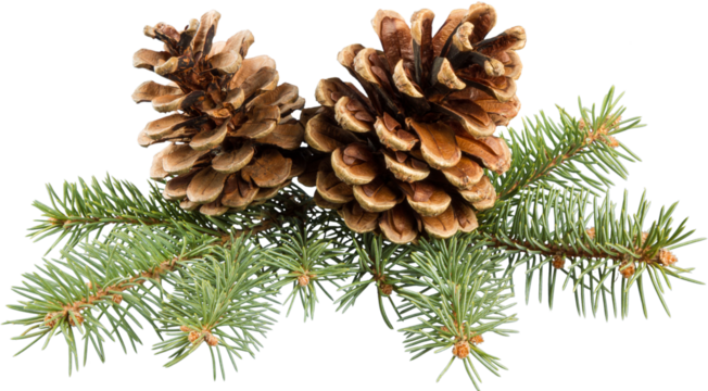 Two pine cones with branch on a white background.