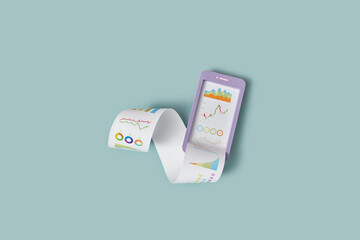 Smartphone mockup with paper financial diagram.