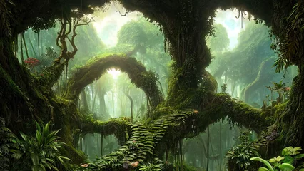 Papier Peint photo Lavable Olive verte Forêt sauvage de la jungle. Paysage forestier fantastique. Illustration 3D