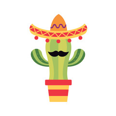 Isolated cute cactus with mexican hat and mustache cartoon icon Vector