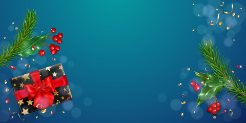 Christmas illustration with New Year pine branches, gift box, pieces of serpentine, holly leaves and red berries, on blue background
