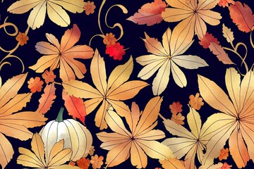 Fototapeta premium Watercolor seamless pattern with pumpkinautumn flowers and leaves Hello fall Happy autumn