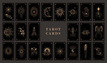 Collection of magical illustrations. Tarot cards. Set of linear vector illustrations. Hand drawn celestial illustrations depicting sun, moon, planet. design elements for decoration in a modern style. - obrazy, fototapety, plakaty