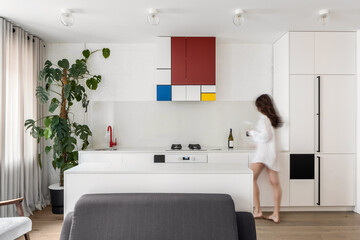 Modern loft open space apartment with wooden beams and floor