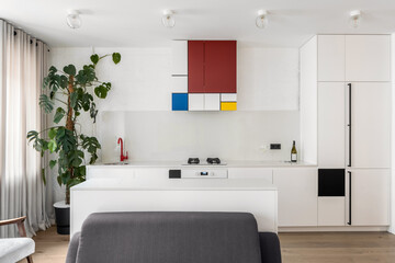 Modern loft open space apartment with wooden beams and floor