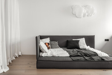 Modern room with trendy gray interiors, large king-size bed and toy