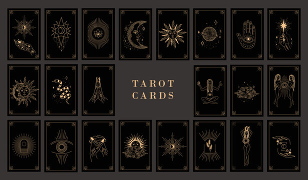 Collection of magical illustrations. Tarot cards. Set of linear vector illustrations. Hand drawn celestial illustrations depicting sun, moon, planet. design elements for decoration in a modern style.