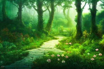 A beautiful enchanted forest with big fairytale trees and great vegetation Digital Painting Background Illustration
