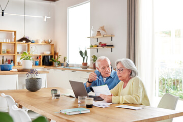 Elderly couple discussing bills in kitchen