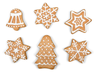 Gingerbread cookies on white background. Snowflake, star. Isolated white background