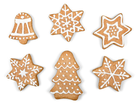 Gingerbread cookies on white background. Snowflake, star. Isolated white background