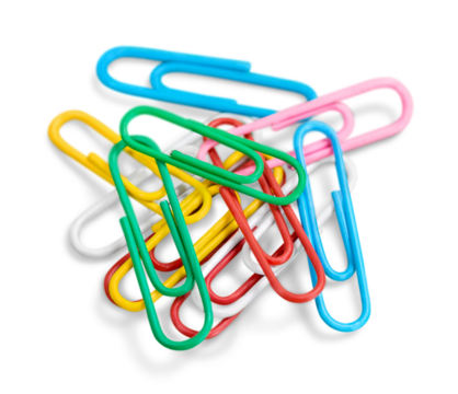 Colored paper clips isolated on white background