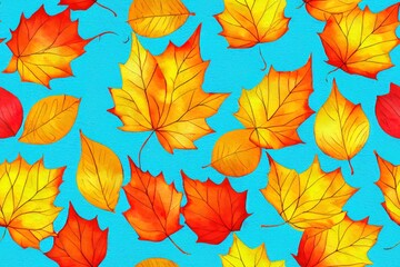 Fototapeta na wymiar Gnomes, autumn leaves watercolor seamless pattern. Scandinavian dwarfs in pointed hats in leaf fall season. Cute repeating background