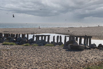 Person practices yoga on beach