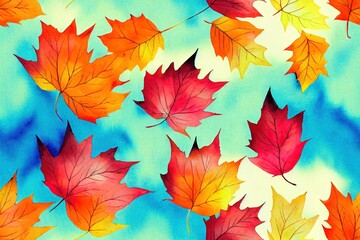 Fototapeta na wymiar Watercolor pattern of autumn plants. Autumn leaves, leaf fall. Modern bright style. You can use a bright print for your design.