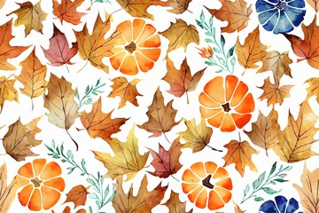 Watercolor seamless pattern with autumn foliage pumpkins and autumn leaves Fall pattern Retro autumn print for textile and fabric Pumpkins pattern for home and kitchen Watercolor autumn motif
