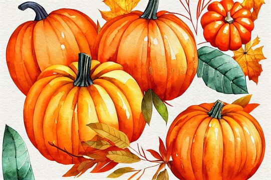 Autumn floral decoration with pumpkin anis citrus slices branches and leaves watercolor illustration isolated on white background for invitation or greeting cards holiday poster or print