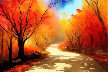 Autumn watercolor background A mountain road with autumn leaves