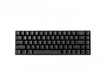 Small compact black gaming computer keyboard on a white background. Keyboard with mechanical switches for gadgets and computer. Copy space.