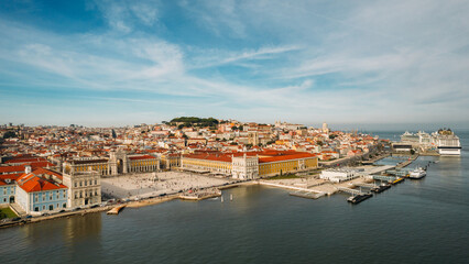 Aerial view of pedestrians at Praca do Comercio in Lisbon, Portugal
