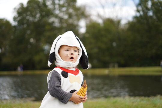 girl with a head of corn on the background of the lake
