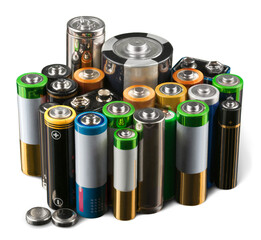 Heap of li-ion batteries isolated on white background - obrazy, fototapety, plakaty