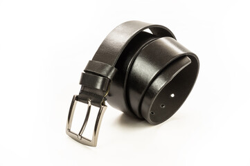 Jeans genuine leather black belt isolated on white background, Denim fashion style 