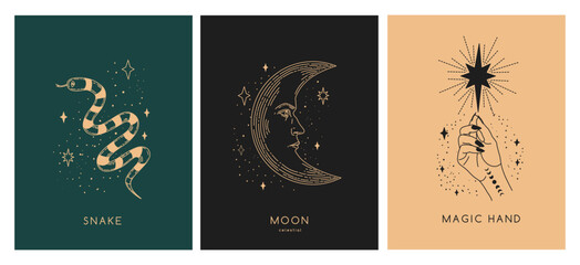 Set of linear vector illustrations. Hand drawn magical illustrations depicting moon, snake, hands. design elements for decoration in a modern style. magical drawings. mystical cards