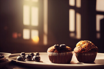 Muffins und Blaubeeren auf einem Teller mit unscharfem Hintergrund