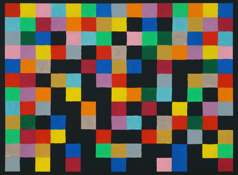 A painting in the form of a regular grid of contrasting colors.