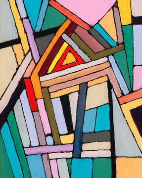 An abstract painting constructed from strips of colour.