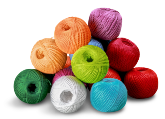 Knitting yarn balls pile on white background