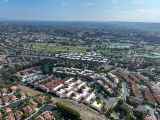 Fototapeta premium Aerial view of middle class neighborhood in Carlsbad, North County San Diego, California, USA.