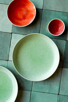 Ceramics, green plates and bowls