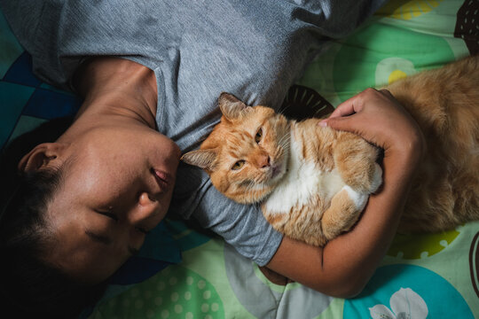 Fototapeta Asian woman hugging a cat.