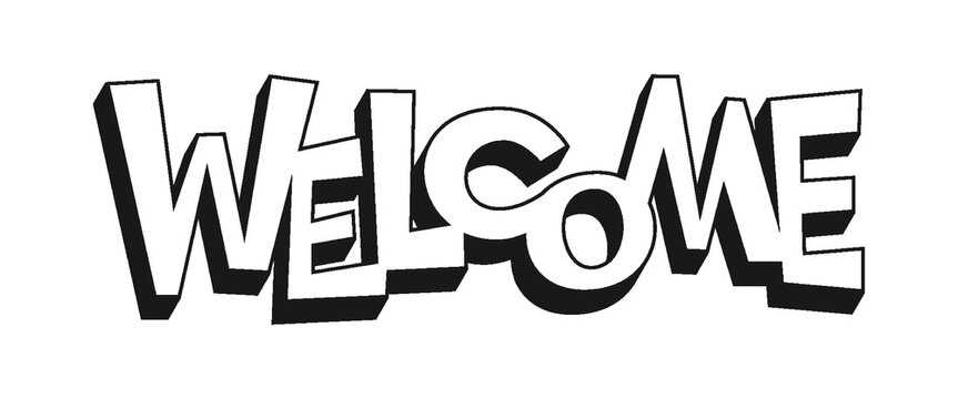 Welcome comic invitation banner. Flat inscription lettering header. Poster print, sticker, scrapbook stamp, holiday greeting card, laser cutting, foil diy. Cute hand drawn housewarming slogan