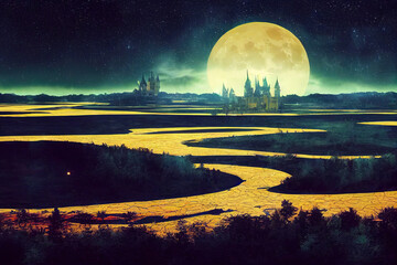 A mystical fairytale landscape of a night sinister kingdom with a huge moon a blue night starry sky a swamp in the foreground and large castles with glowing windows in the second 3D rendering - obrazy, fototapety, plakaty