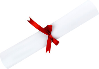 Diploma tied with red ribbon on white background - obrazy, fototapety, plakaty
