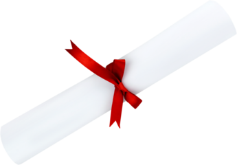 Diploma tied with red ribbon on white background