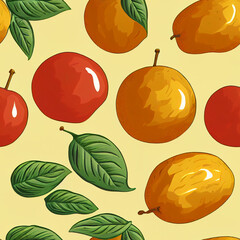 Seamless stylized background with various tropical fruits